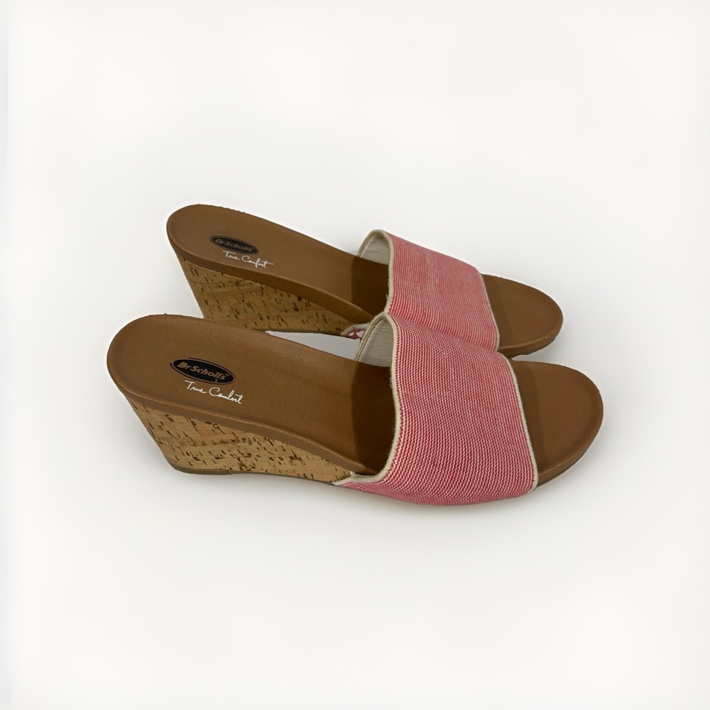 Dr. Scholl's Pink Fabric Cork Wedge Slide Sandals Women's sz 8M summer cute T7
